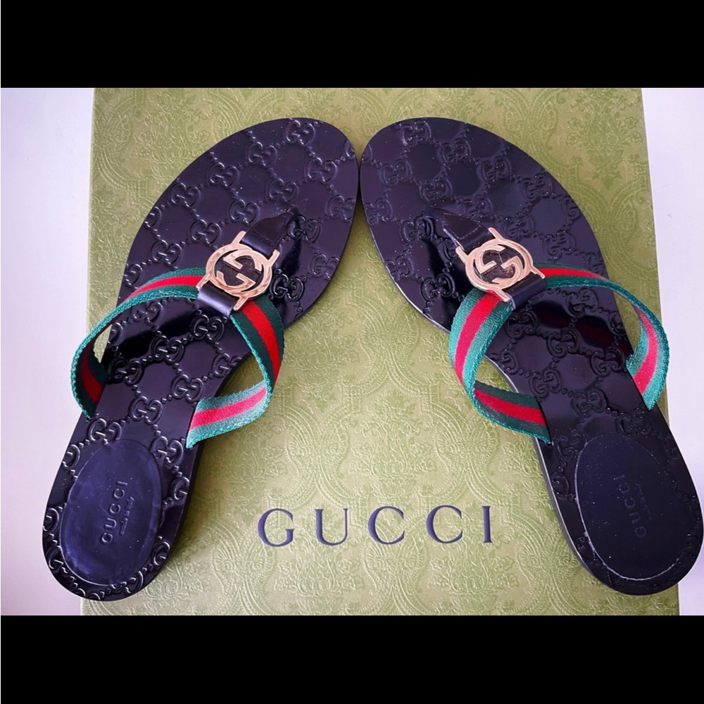 Gucci Black Sandals Red green Stripes ribbon slides sandals women’s 40 9 FIRM